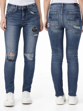 AE Women's Distressed Patch Skinny Edgy Y2K Jeans - Blue